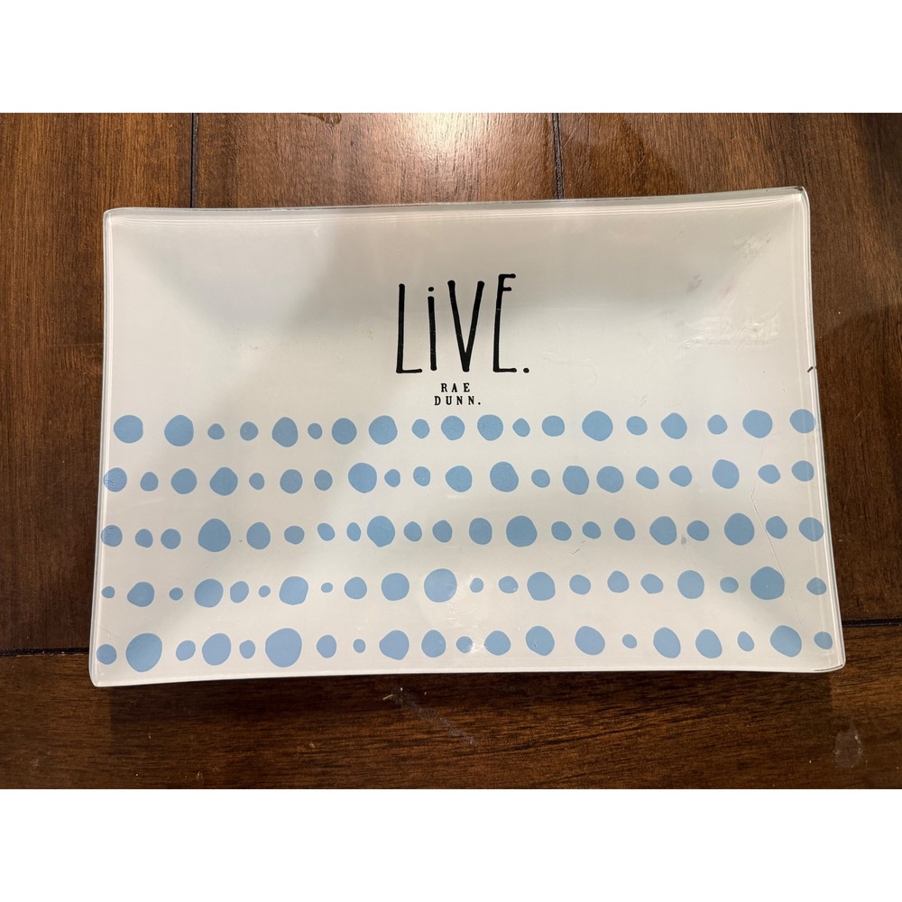 Rae Dunn LIVE. Glass Rectangular Tray White with Blue Polka Dots Decorative